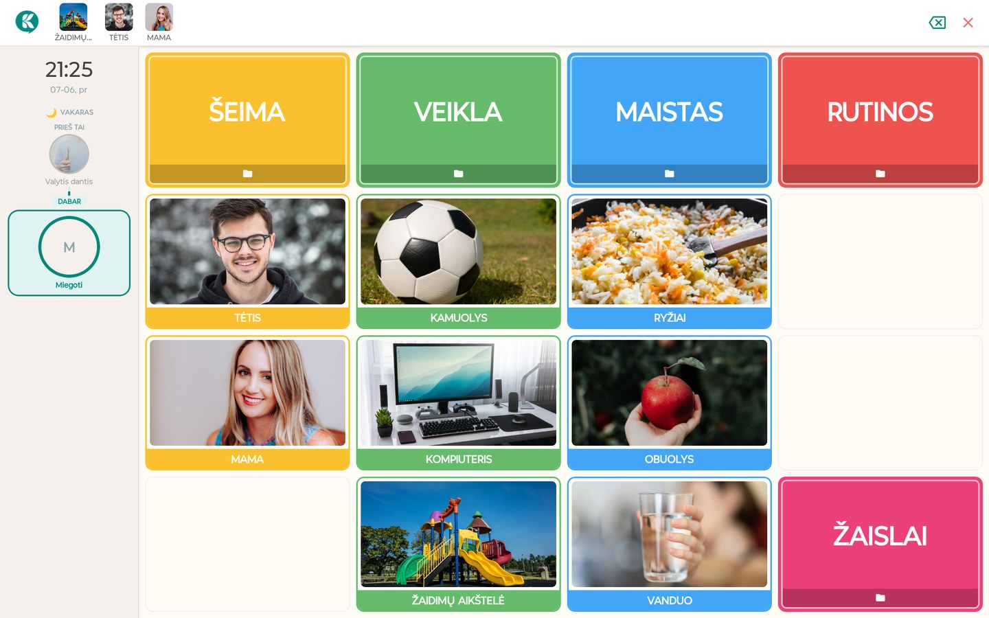 Kalbeja vaiko bendravimo lenta su nuotraukų kortelėmis, kategorijomis ir dienos planu