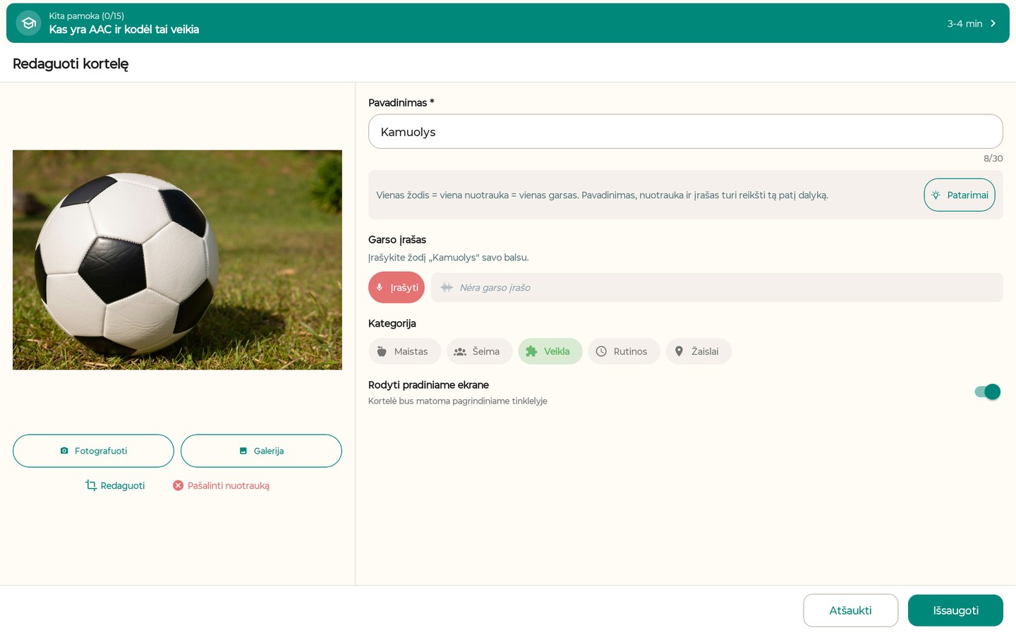 Kortelės kūrimo ekranas: nuotrauka, žodis ir garso įrašas
